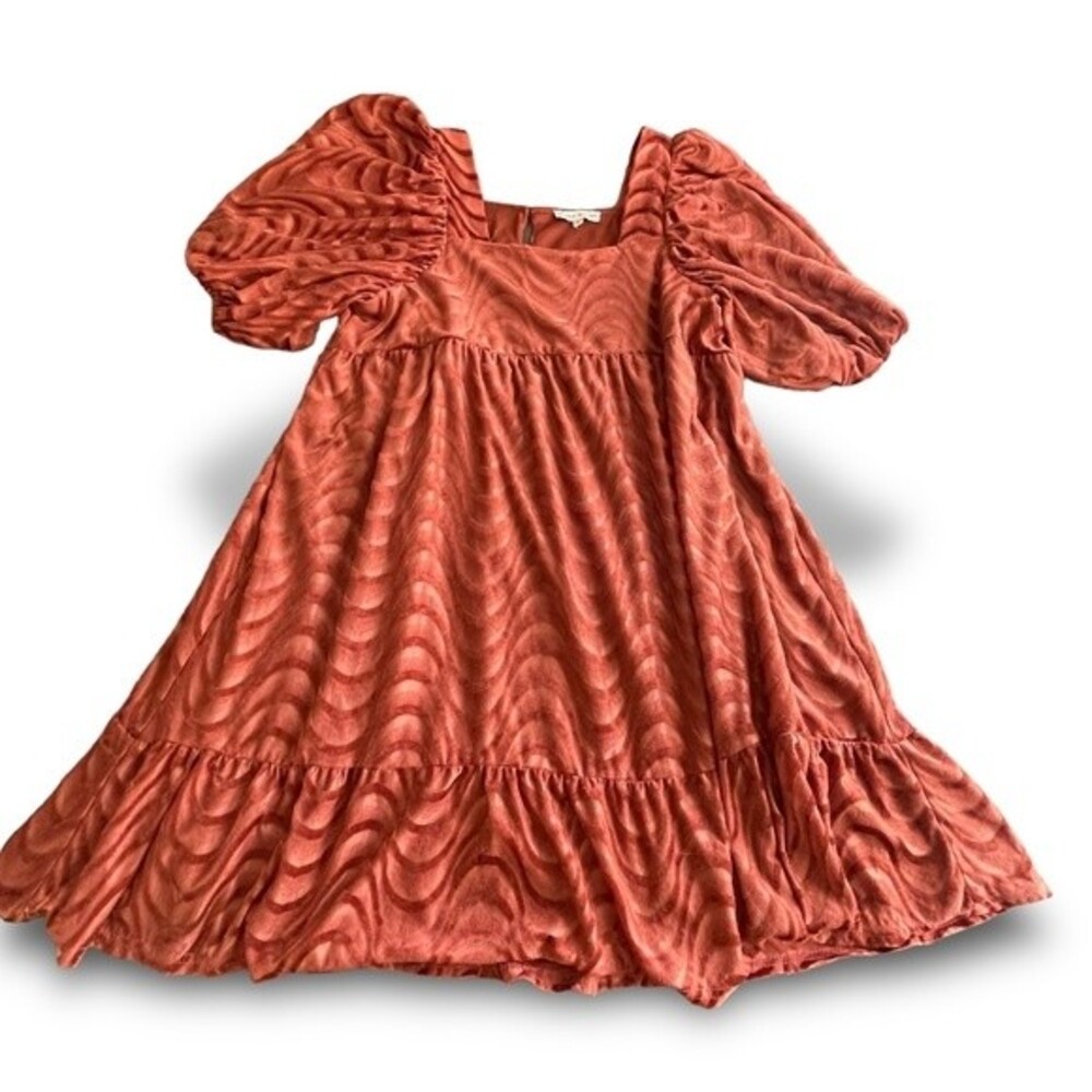 Moon River Rust Wavy Velour Puff Sleeve Tie Back Mini Dress Size Med Woodland